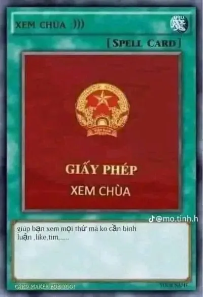ảnh meme bài Yugioh giấy phép xem chùa "giúp bạn xem mọi thứ mà không cần bình luận, like, tim..."