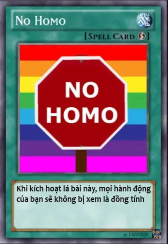 ảnh meme bài Yugioh No Homo "khi kích hoạt lá bài này, mọi hành động của bạn sẽ không bị xem là đồng tính"