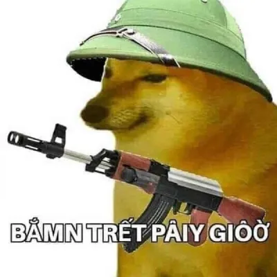 ảnh meme Cheems chó Shiba đội mũ cối cầm súng bán chết bây giờ hài hước