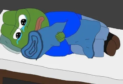 ảnh meme ếch xanh Pepe nằm ôm chăn khóc