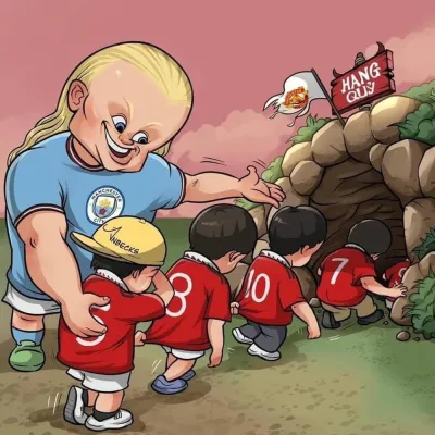 ảnh meme bóng đá Erling Haaland Manchester City dẫn cả đội Manchester United vào hàng